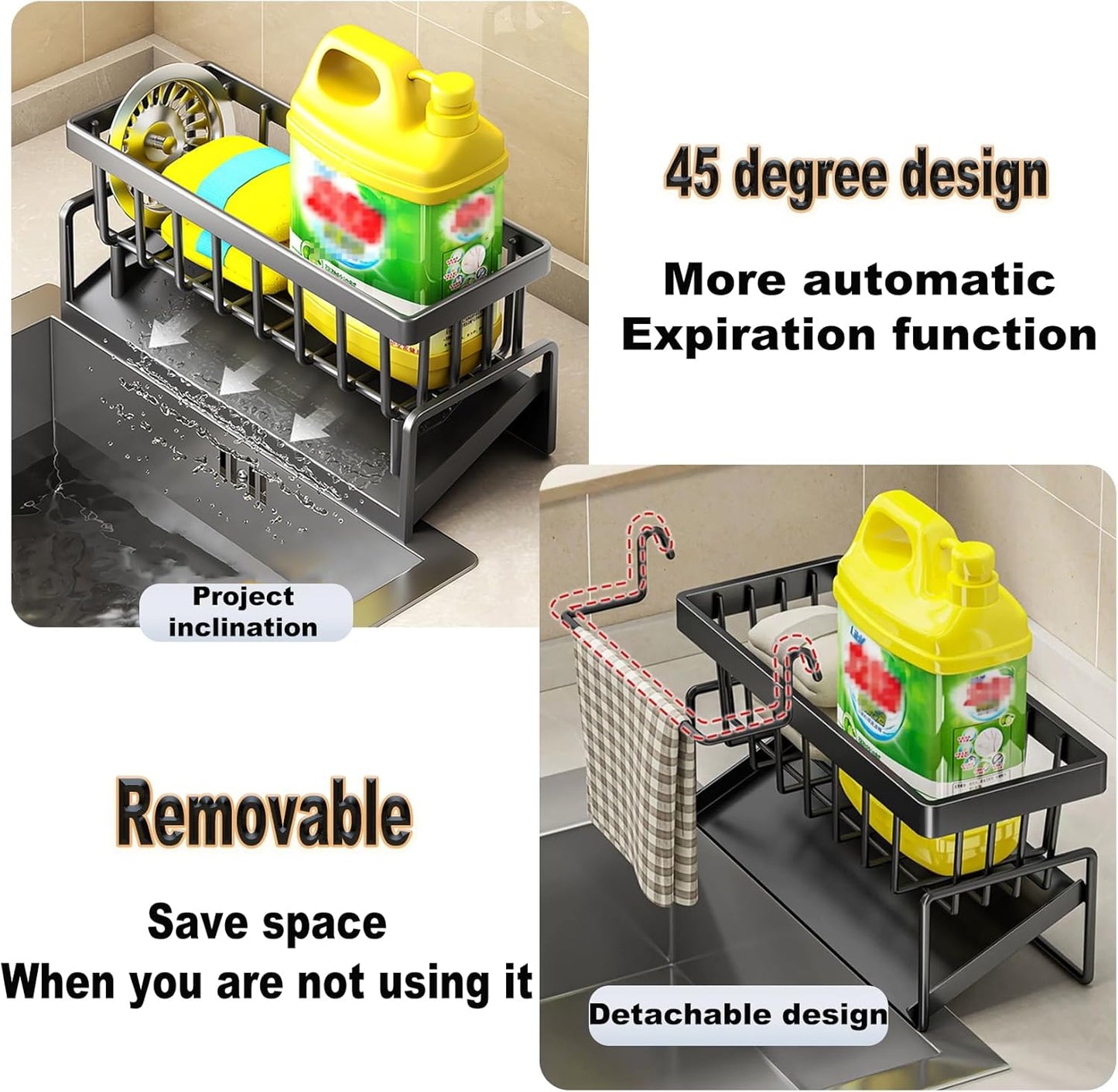 Spüle Küchen Organizer, Spülbecken Organizer Mit Selbstentleerender Ablaufwanne for Schwammhalter, Handtuchhalter, Spültuchhalter, Super Organizer Für Küche Und Badezimmer. (Schwarz)