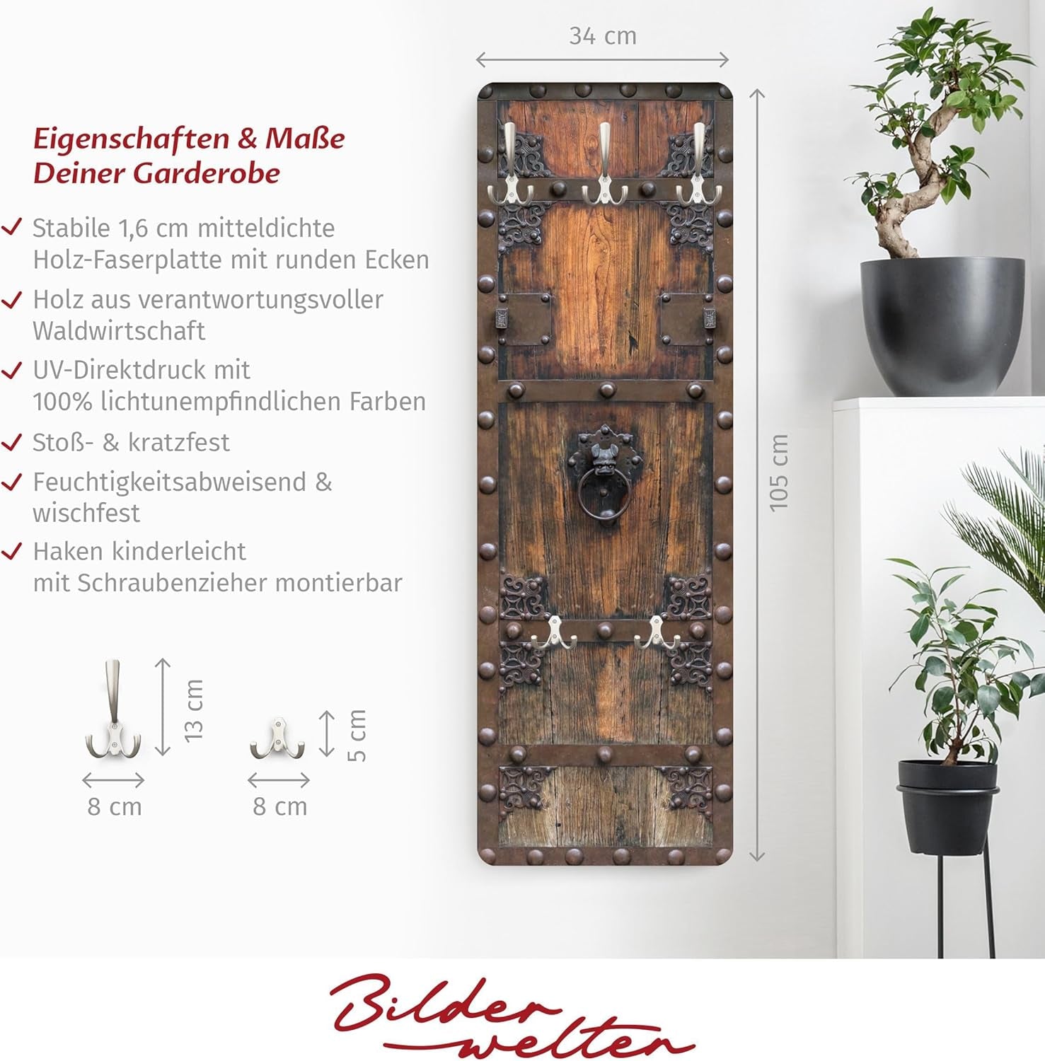 Bilderwelten Garderobe Vintage 105Cm X 34Cm 3D-Optik Historische Holztür Garderobenhaken Garderobenpaneel Flurgarderobe Flur-Möbel Wandgarderobe Holz