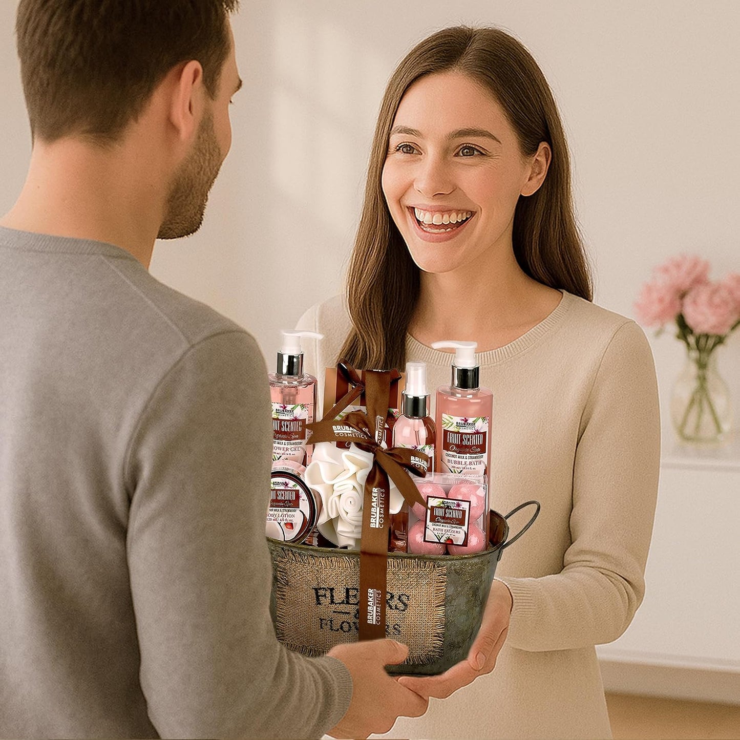 BRUBAKER Cosmetics Bade- Und Dusch Set Kokosnuss & Erdbeer Duft - 10-Teiliges Geschenkset in Vintage Wanne