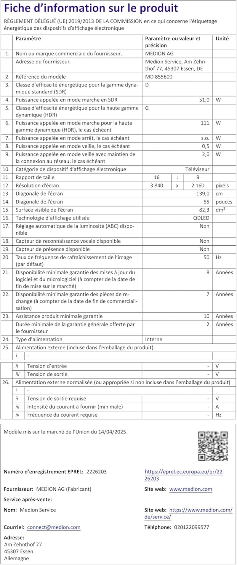 MEDION 138,8 Cm (55 Zoll) QLED Fernseher (Smart-Tv, Dolby Vision HDR, VIDAA Store, Prime Video, Disney+, DAZN, Paramount+, DTS X, Dolby Atmos, PVR, Bluetooth, MD 855600)