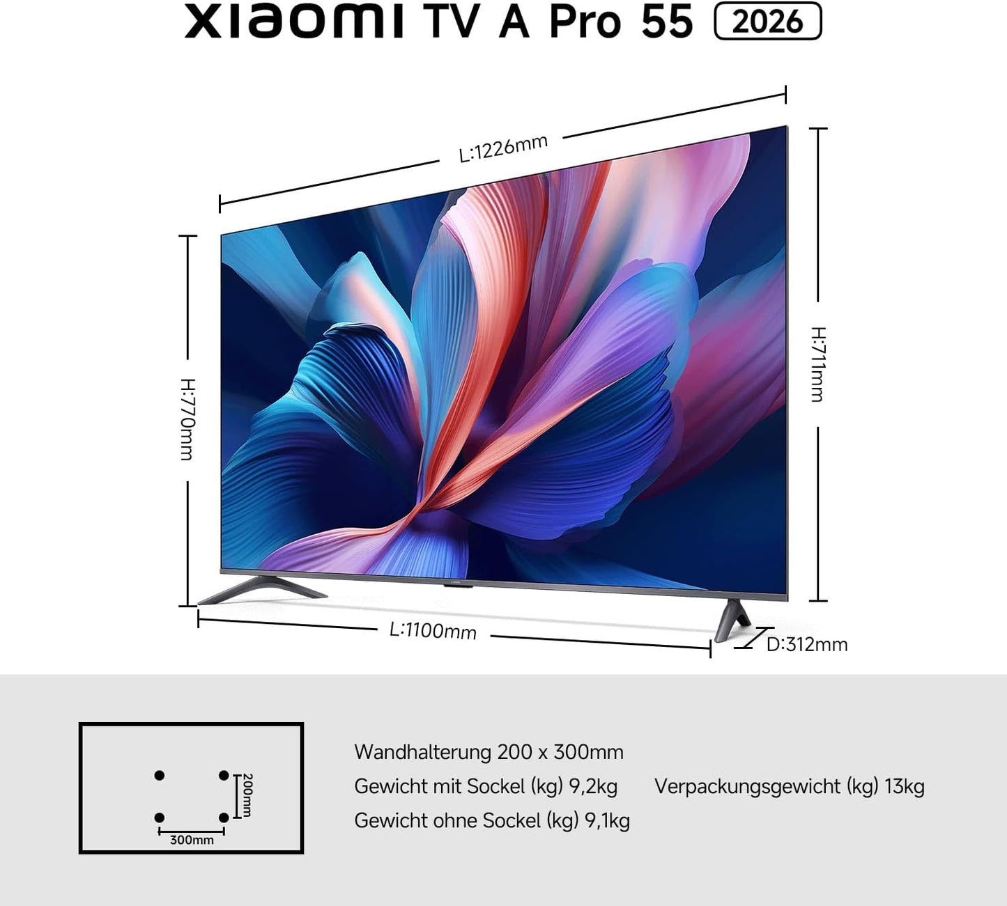 XIAOMI a Pro, 55" (140 Cm), 4K UHD QLED, Smart TV, Google TV, Triple Tuner DVB-C/S/S2/T/T2, HDR10+, Game Boost 120Hz, MEMC, Sprachsteuerung Mit, 2+8GB, Kompatibel Mit Apple Airplay & Google Cast