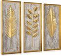 Briful Metall Wanddeko 3Er Set – Goldene Blätter Auf Holzoptik, 40X16 Cm – Modernes Wandbild Aus Holz & Metall – Wohn- & Schlafzimmer Deko, Boho Vintage Stil, Wandkunst Mit Naturmotiv