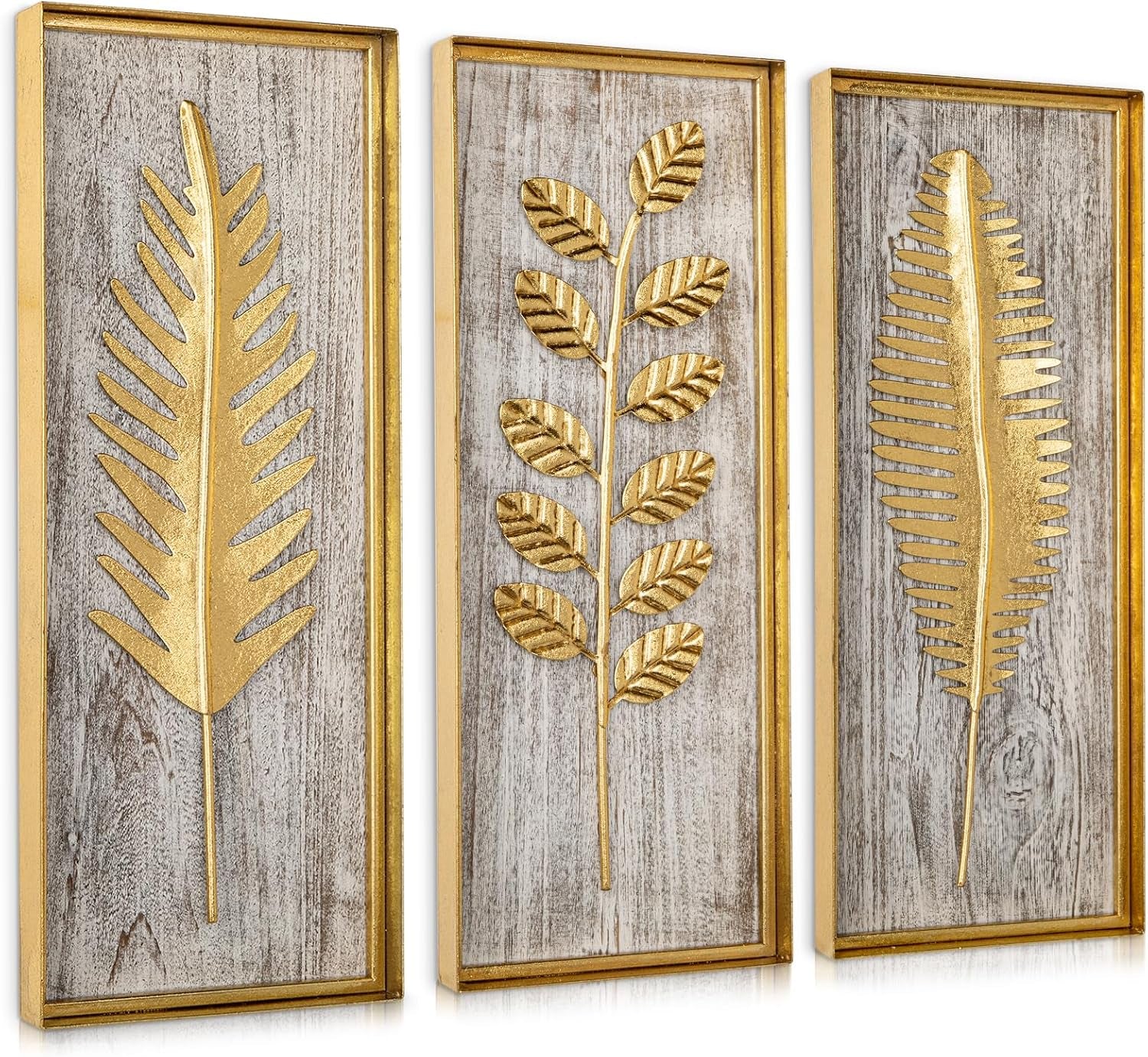 Briful Metall Wanddeko 3Er Set – Goldene Blätter Auf Holzoptik, 40X16 Cm – Modernes Wandbild Aus Holz & Metall – Wohn- & Schlafzimmer Deko, Boho Vintage Stil, Wandkunst Mit Naturmotiv