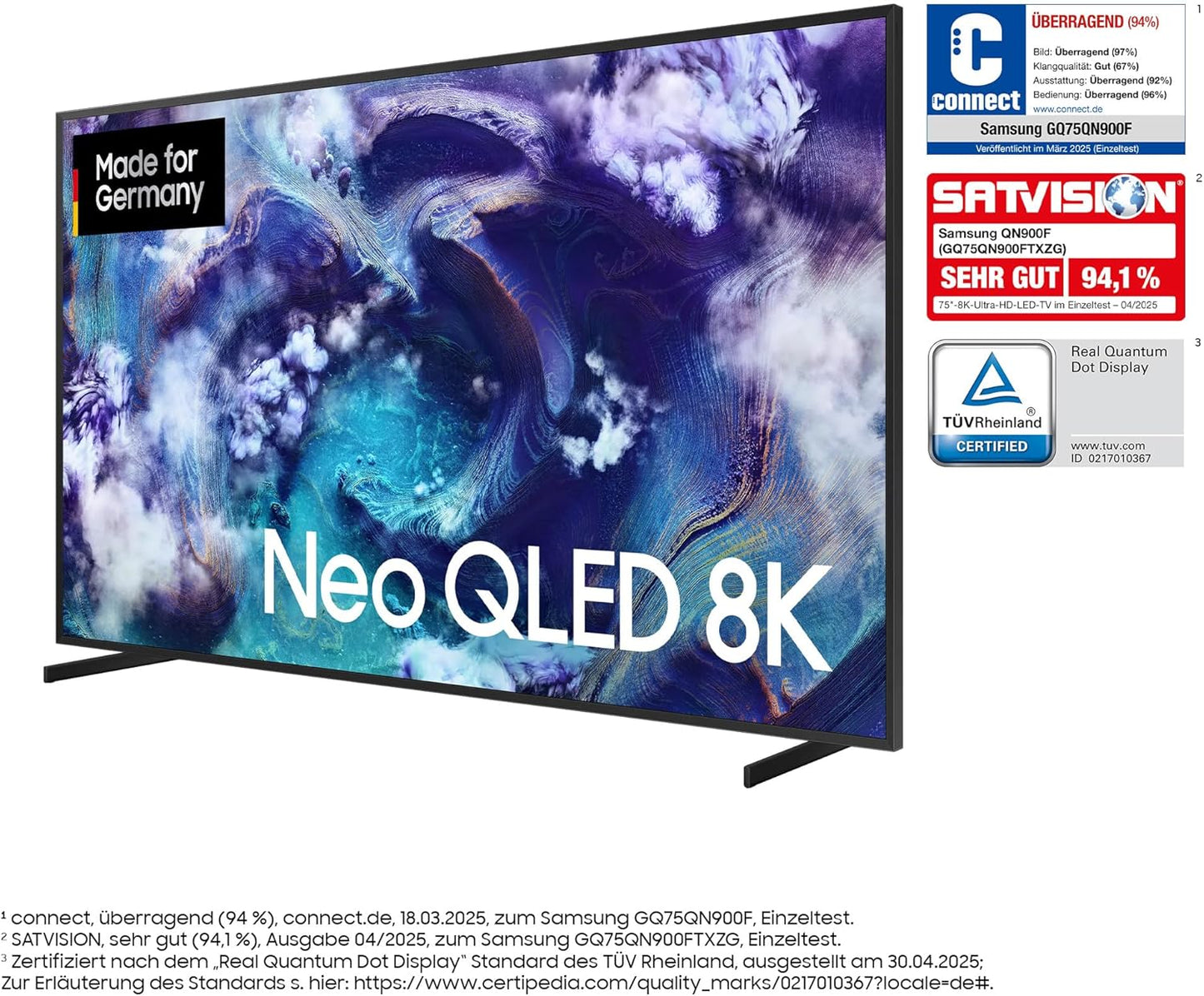 Samsung Neo QLED 8K QN900F 75 Zoll (189 Cm) Mini LED Fernseher, Antireflexion, 8K AI Upscaling, Metal Frame Design, Knox Security, Dolby Atmos, Art Store Galerie, Samsung Vision AI Smart TV