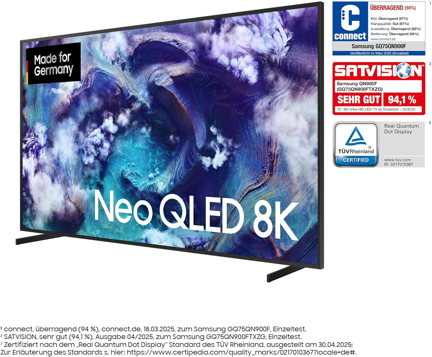 Samsung Neo QLED 8K QN900F 75 Zoll (189 Cm) Mini LED Fernseher, Antireflexion, 8K AI Upscaling, Metal Frame Design, Knox Security, Dolby Atmos, Art Store Galerie, Samsung Vision AI Smart TV
