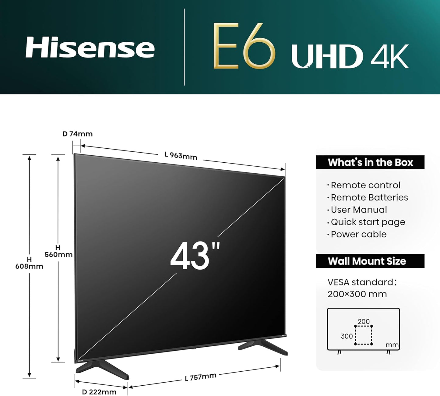 Hisense 43E6NT 108Cm (43 Zoll) Fernseher, 4K UHD Smart TV, Precision Colour, HDR, Dolby Vision, 60Hz, Triple Tuner DVB-C/S/S2/T/T2, Wifi, HDMI 2.1, Bluetooth, Alexa Built-In, Schwarz, [2024]