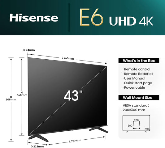 Hisense 43E6NT 108Cm (43 Zoll) Fernseher, 4K UHD Smart TV, Precision Colour, HDR, Dolby Vision, 60Hz, Triple Tuner DVB-C/S/S2/T/T2, Wifi, HDMI 2.1, Bluetooth, Alexa Built-In, Schwarz, [2024]
