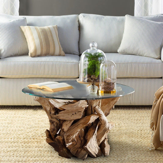 Bressmer IKAL Wurzelholz Couchtisch Ø 80 Cm Rund – Massiver Teakholz Tisch Mit Glasplatte – Handgefertigter Treibholz Design-Tisch – Nachhaltiges Unikat Für Wohnzimmer