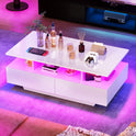 YITAHOME Couchtisch Weiß, Wohnzimmertisch Hochglanz Mit 16-Farbiger LED Beleuchtung Modern, Beistelltisch Weiss Mit Offenem Ausstellungsregal Und 4 Ausziehbaren Schubladen 90X55X41,1 Cm