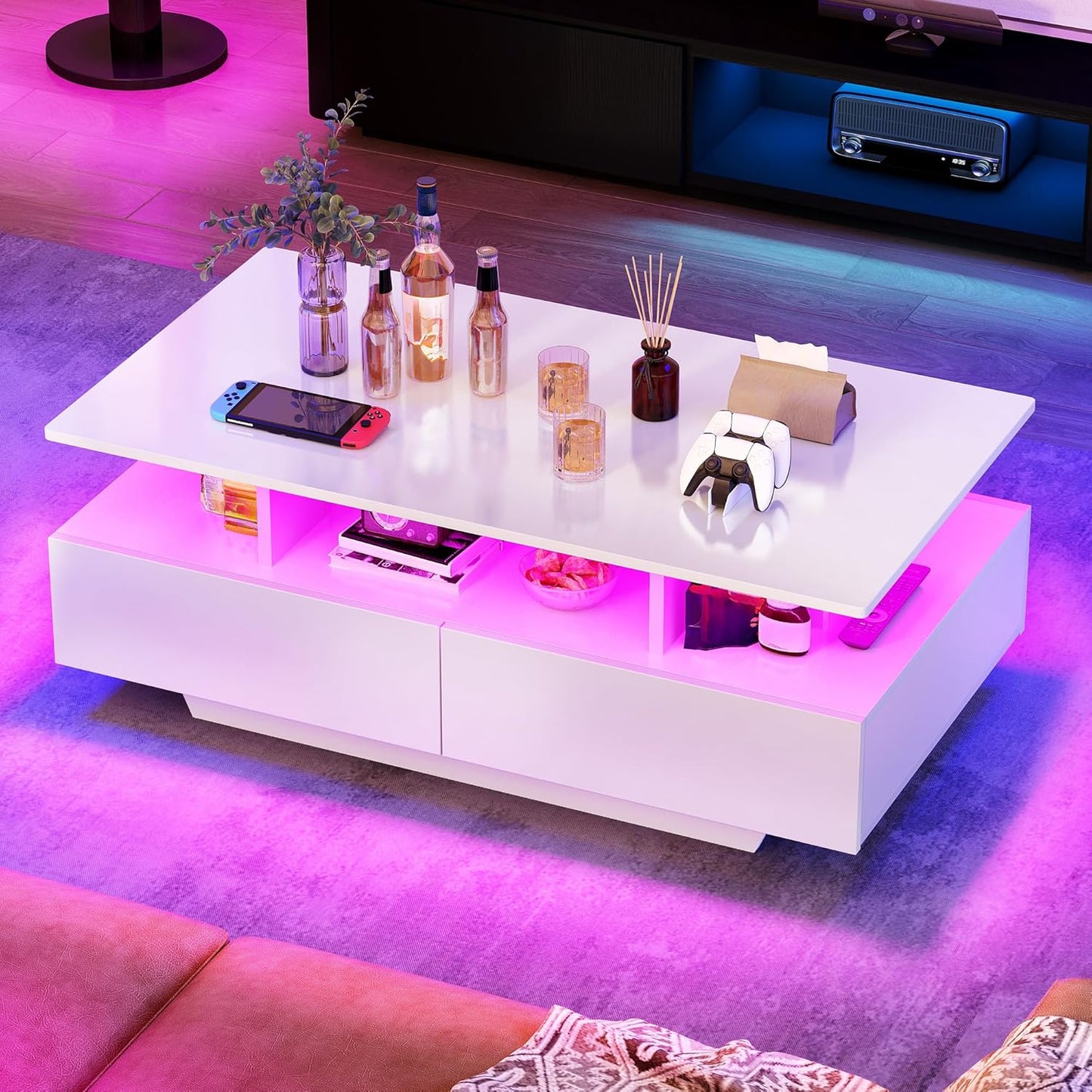 YITAHOME Couchtisch Weiß, Wohnzimmertisch Hochglanz Mit 16-Farbiger LED Beleuchtung Modern, Beistelltisch Weiss Mit Offenem Ausstellungsregal Und 4 Ausziehbaren Schubladen 90X55X41,1 Cm