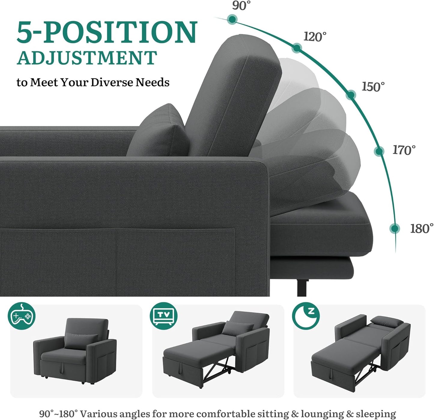 YITAHOME Schlafsessel Mit Bettfunktion 192×88, 3-In-1 Ausziehbares Schlafsofa, Verstellbares Einzelsessel Mit Kissen Und Seitentasche, Sofa Mit Schlaffunktion Für Wohnzimmer Wohnung, Dunkelgrau