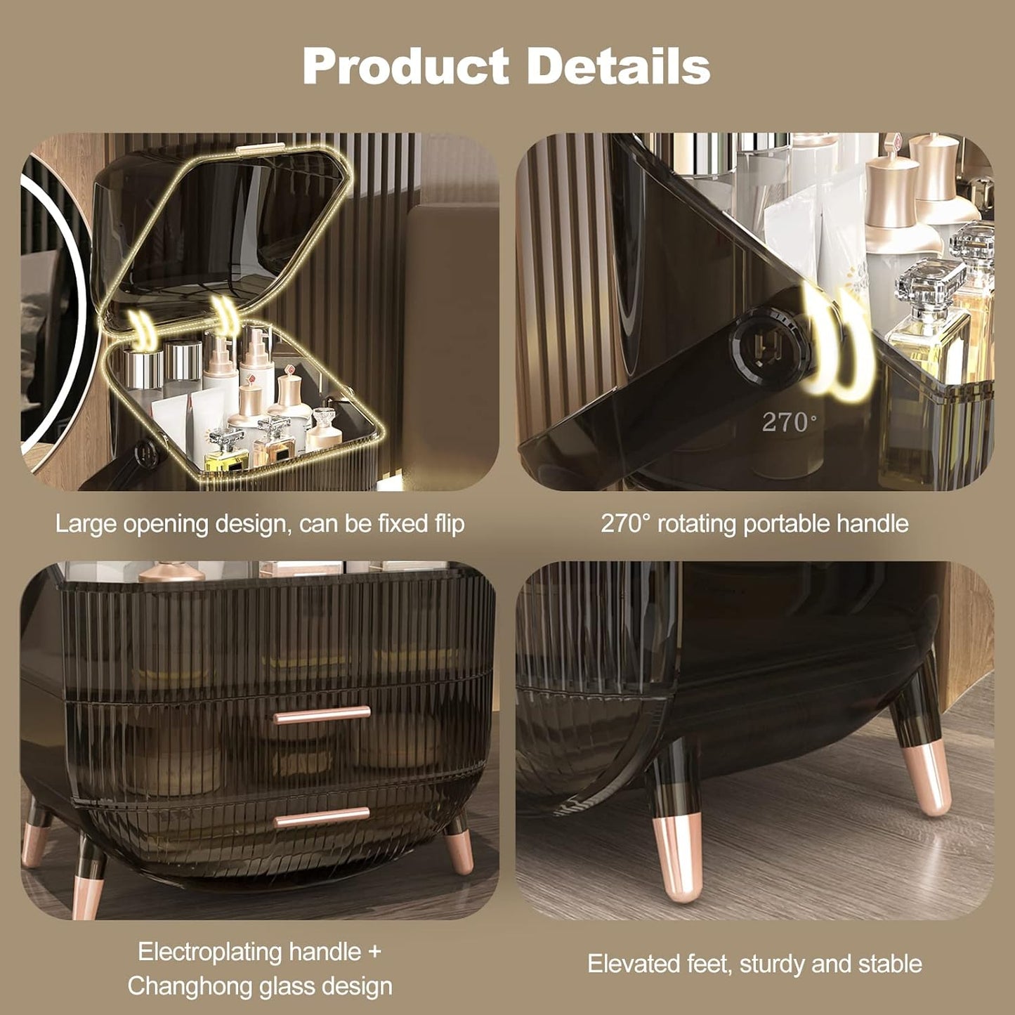 Galatée Retro Serie 180°Drehbar Tragbare Make up Organizer Kosmetikbox Kosmetische Aufbewahrungs Box Mit Staubdichtem Deckel, Beauty Organizer Mit 2 Schubladen Und Tragegriff - （Retro-Grau）