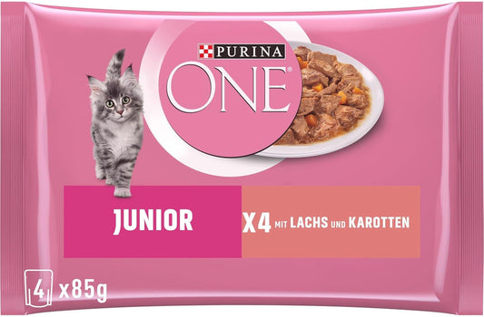 PURINA ONE Junior Katzenfutter Nass, Mit Lachs Und Karotten, 12Er Pack (12 X 4 Beutel À 85G)