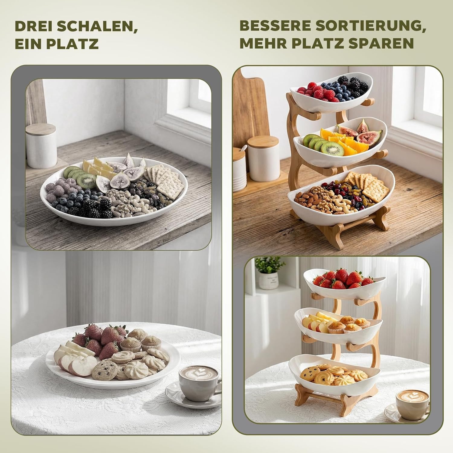 Obstständer 3-Stöckig Aus Bambus, Mehrstöckiger Obstkübel Mit Schalen, Küchenorganizer Für Obst Und Snacks, Deko-Etagere Aus Bambus