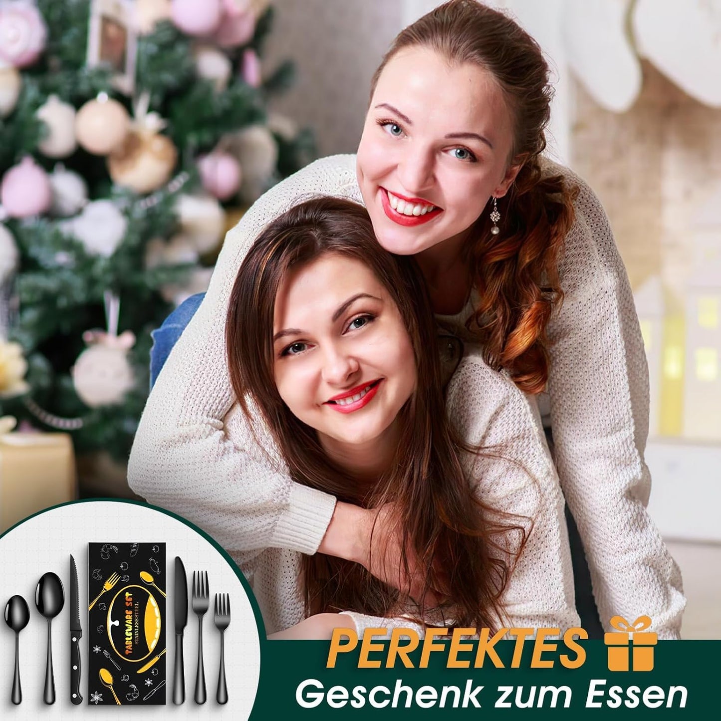 TAN REN Besteck Set Schwarz 4 Personen, 24-Teiliges Edelstahl Besteckset Mit Steakmesser, Elegantes Essbesteck Mit Messer Gabel Löffel, Tafelbesteck Für Küche/Restaurant