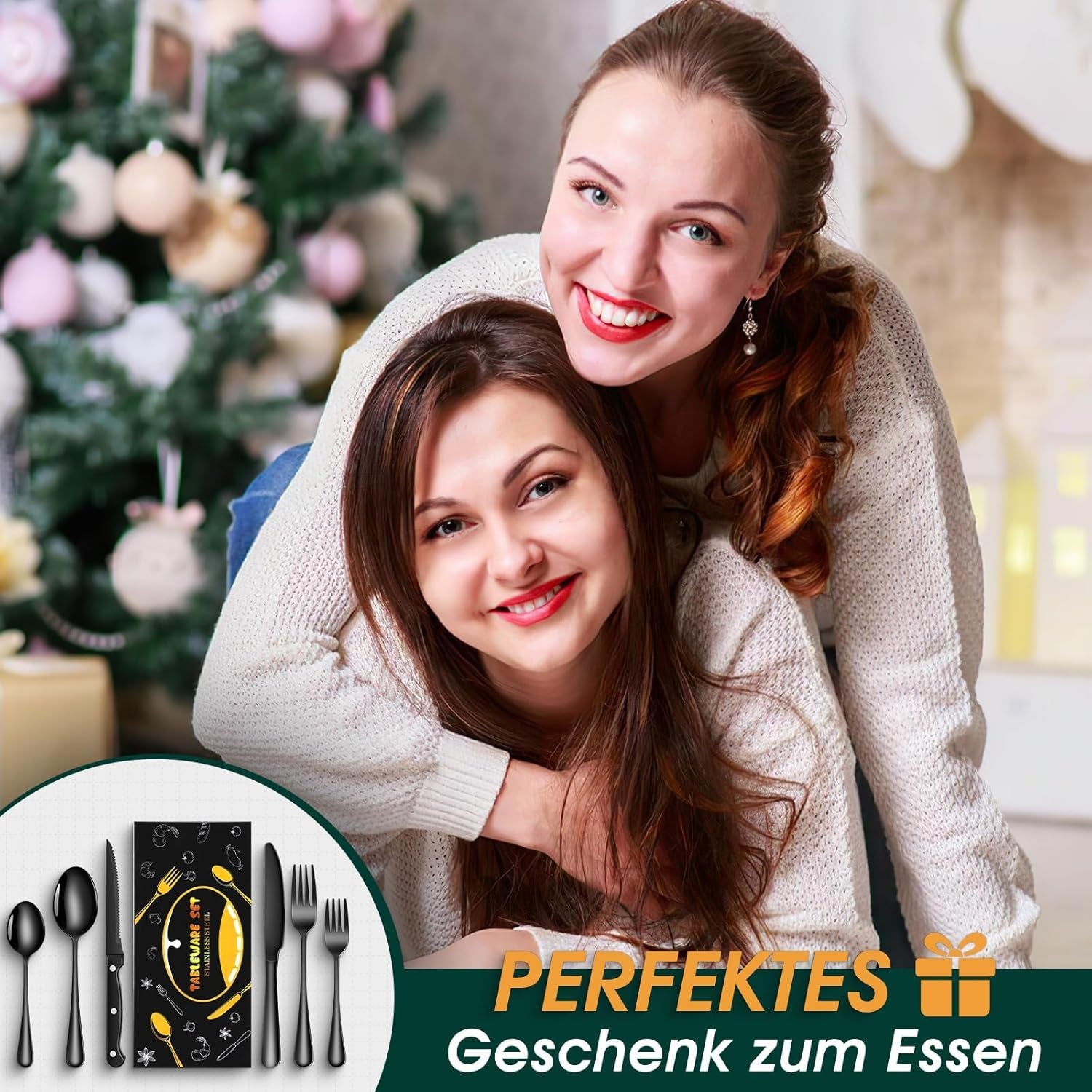 TAN REN Besteck Set Schwarz 4 Personen, 24-Teiliges Edelstahl Besteckset Mit Steakmesser, Elegantes Essbesteck Mit Messer Gabel Löffel, Tafelbesteck Für Küche/Restaurant