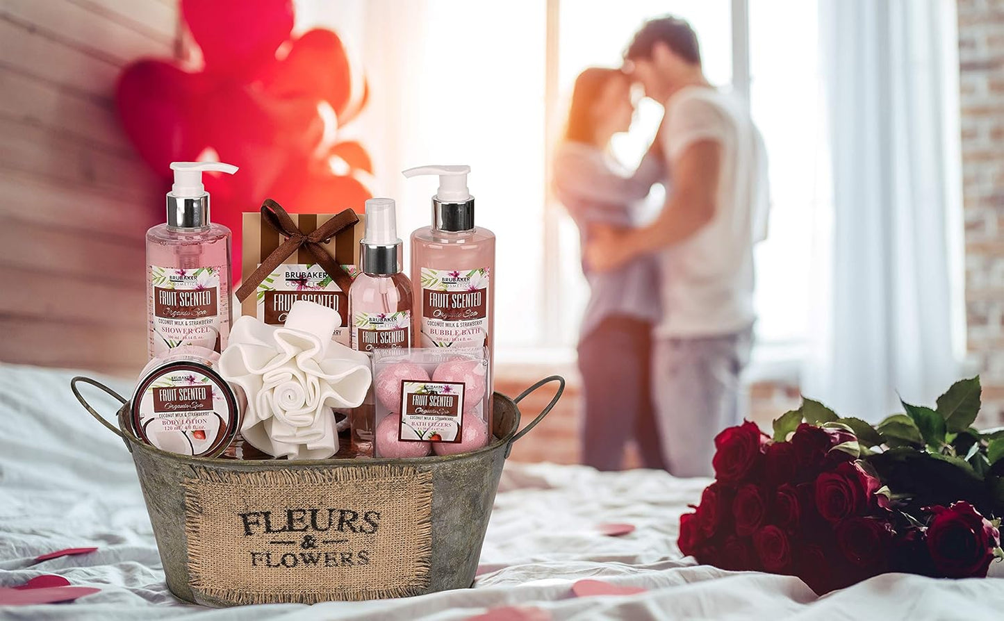 BRUBAKER Cosmetics Bade- Und Dusch Set Kokosnuss & Erdbeer Duft - 10-Teiliges Geschenkset in Vintage Wanne