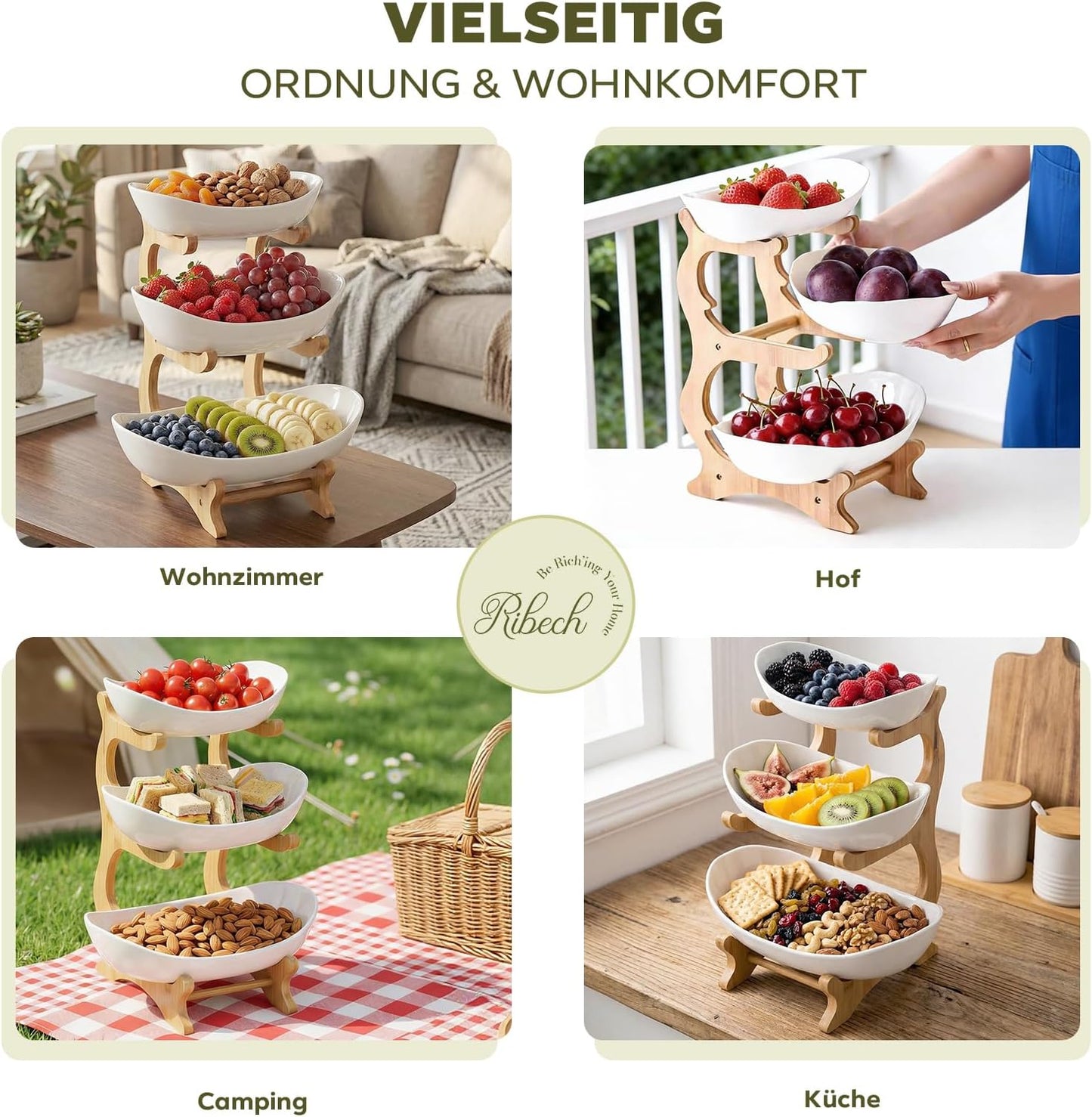 Obstständer 3-Stöckig Aus Bambus, Mehrstöckiger Obstkübel Mit Schalen, Küchenorganizer Für Obst Und Snacks, Deko-Etagere Aus Bambus