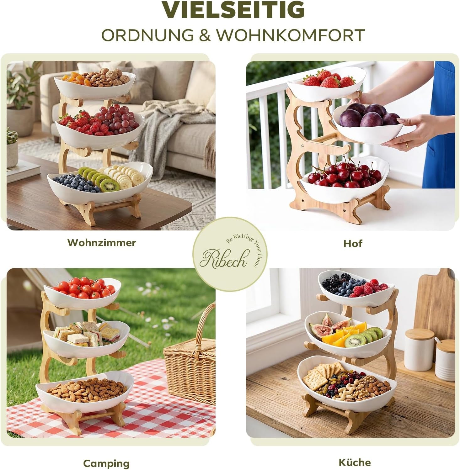 Obstständer 3-Stöckig Aus Bambus, Mehrstöckiger Obstkübel Mit Schalen, Küchenorganizer Für Obst Und Snacks, Deko-Etagere Aus Bambus