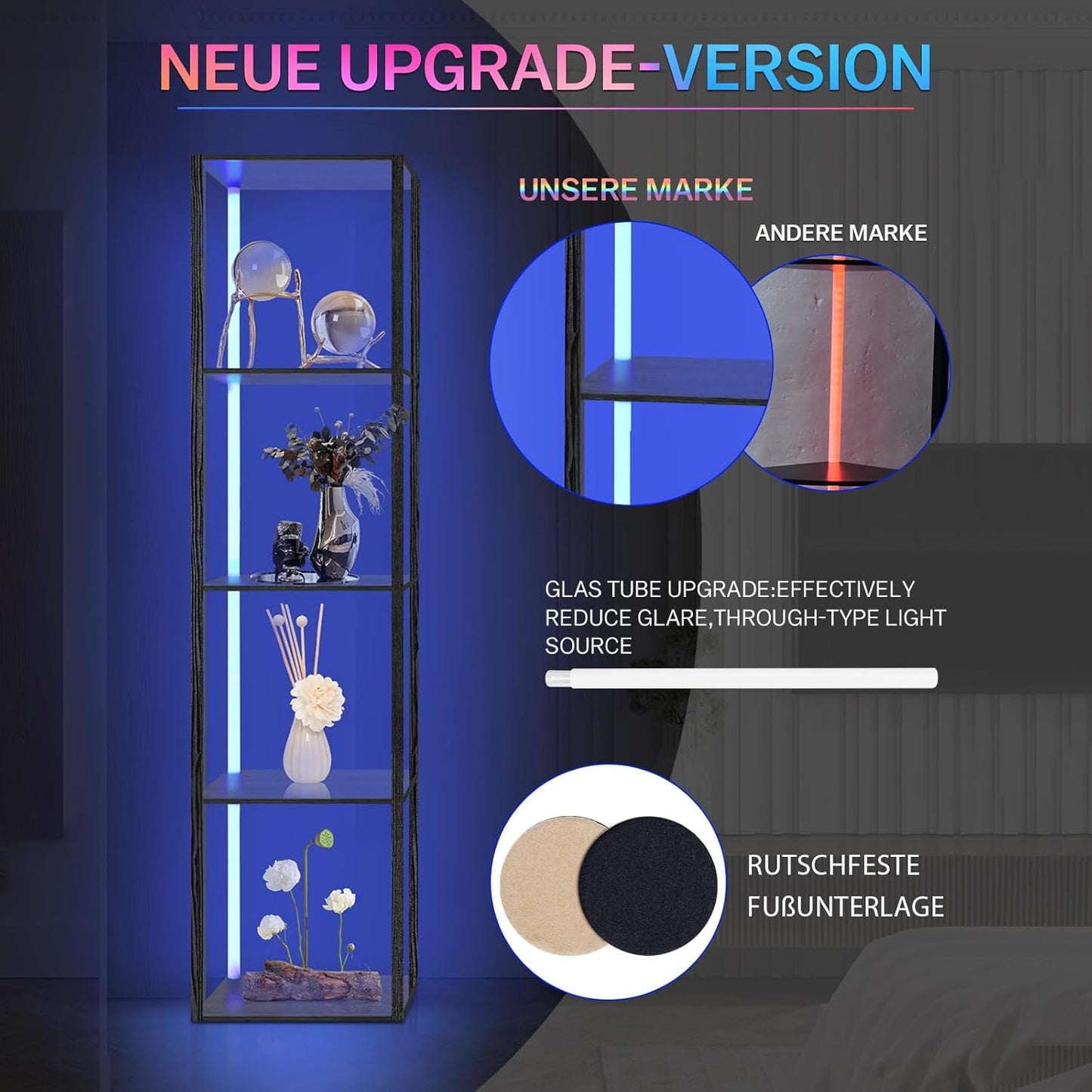 XIIW Bücherregal Mit Led-Beleuchtung, 5 Stufige Stehleuchte Mit Regal, Stehlampe Wohnzimmer Aus Holz Mit APP Und Fernbedienung, Standleuchte Eckregal Für Wohnzimmer, Schlafzimmer, Arbeitszimmer