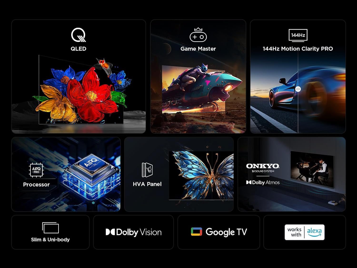 TCL 75T8C 75 Zoll QLED 4K HDR UHD Fernseher, Smart Google TV Dolby Vision Atmos,144Hz Motion Clarity Pro, Game Bar, ALLM, Freesync, Onkyo 2.1 Sound,Sprachsteuerung, Kompatibel Mit Google Assistant