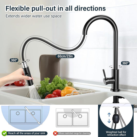 Wasserhahn Küche Schwarz,360° Schwenkbar Spültischarmatur Küche,Hochdruck Küchenarmatur Mit Brause Ausziehbar, Edelstahl Heiß Kalt Armatur Küche G3/8'' Verbindung-2- Strahlarten