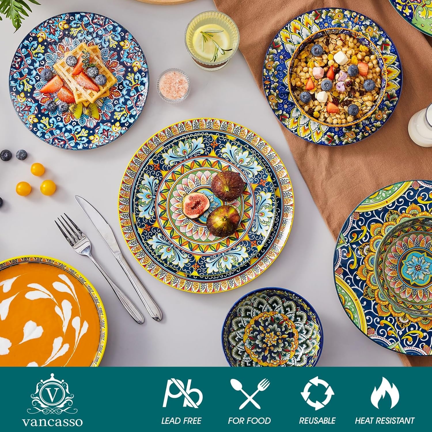 Vancasso 24-Teiliges Geschirrset Aus Porzellan, Tafelservice 6 Personen Mit Speiseteller, Dessertteller, Suppenteller Und Schalen, Mikrowellen- Und Spülmaschinenfest, Boho Kombiservice, Series SIMI