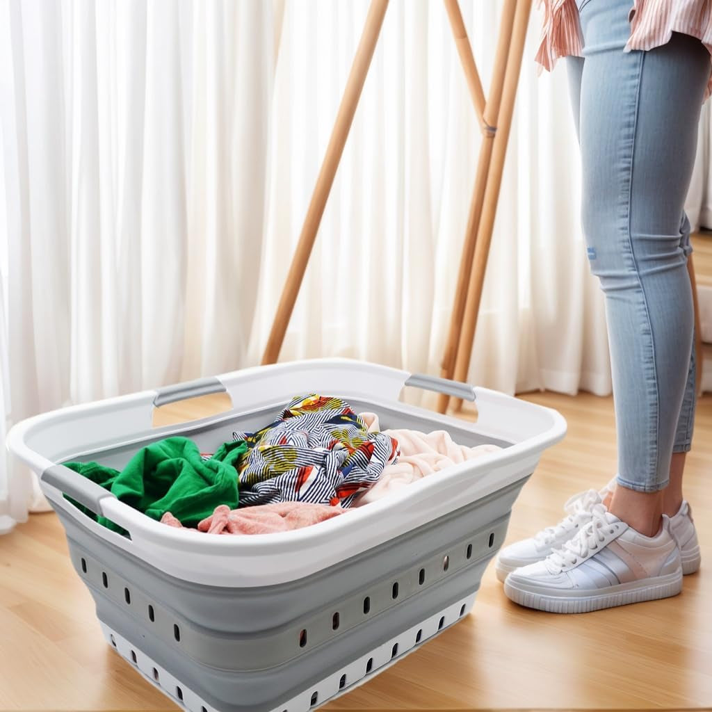 SAMMART 42L Faltbarer Wäschekorb Aus Kunststoff – Faltbarer Pop-Up-Aufbewahrungsbehälter/Organizer – Tragbarer Wäschekorb – Platzsparender (1, Weiß/Grau)