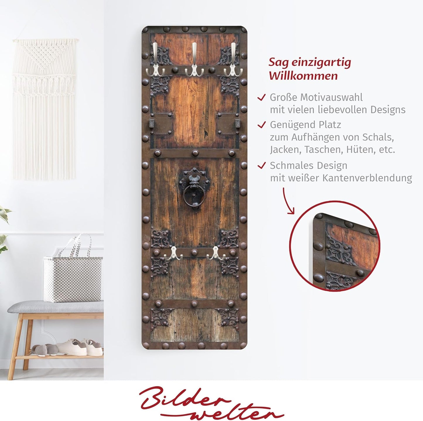 Bilderwelten Garderobe Vintage 105Cm X 34Cm 3D-Optik Historische Holztür Garderobenhaken Garderobenpaneel Flurgarderobe Flur-Möbel Wandgarderobe Holz