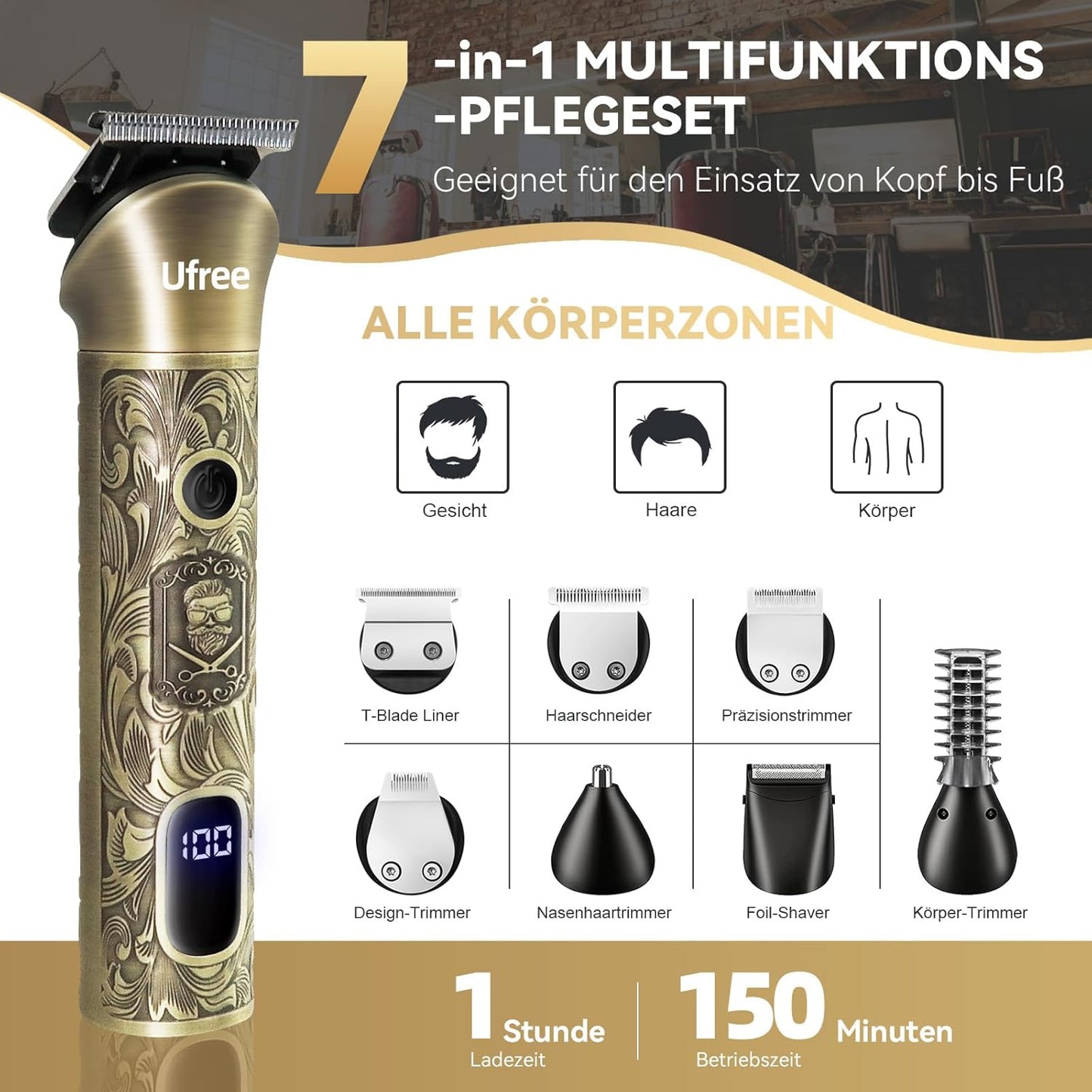 Haarschneidemaschine Profi Barttrimmer Haartrimmer Herren, 7 in 1 Bartschneider Haarschneider Rasierer Herren Elektrisch, Langhaarschneider Trimmer, Geburtstagsgeschenk Für Männer