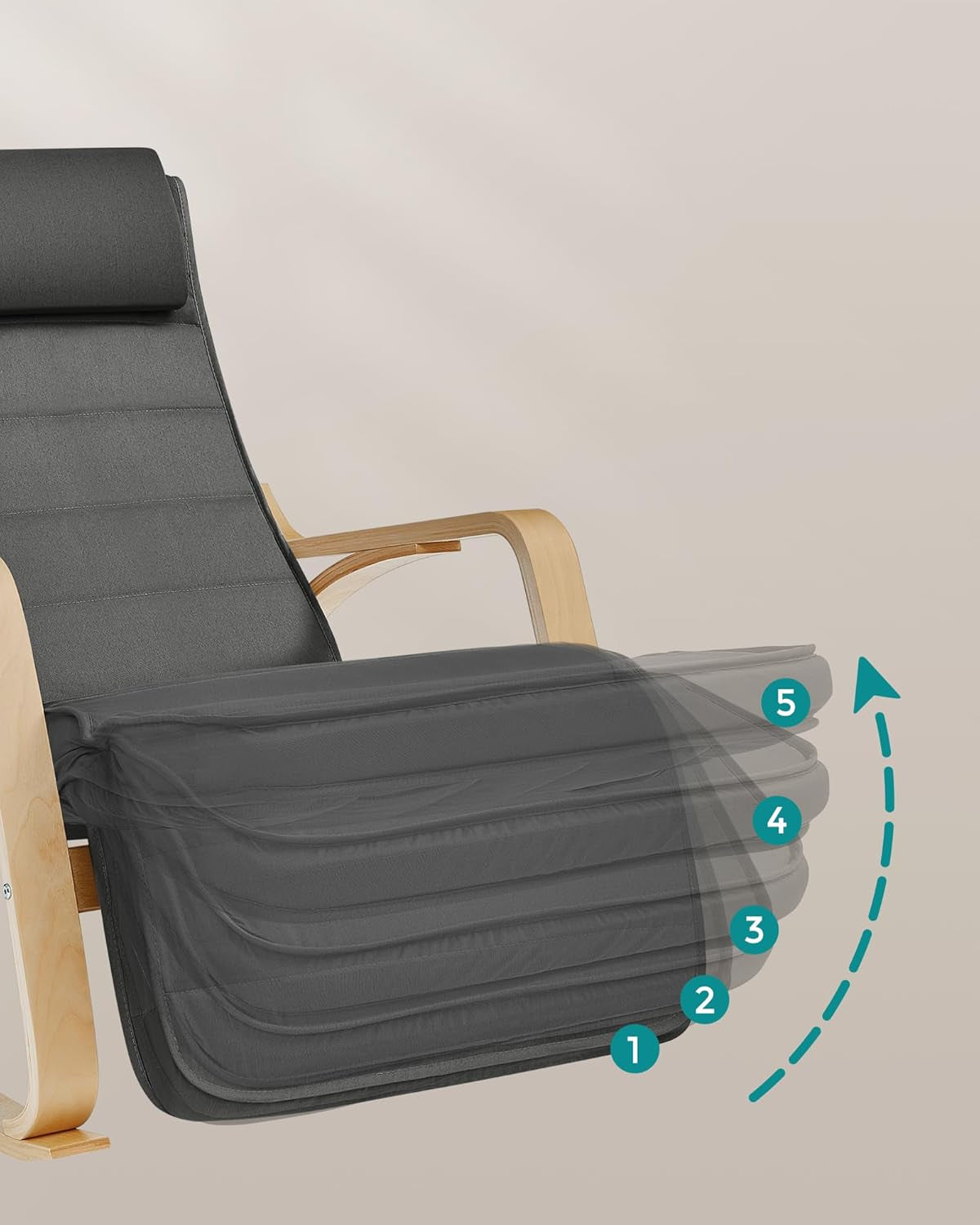 SONGMICS Schaukelstuhl, Mit Armlehnen Aus Birkenholz, Schaukelsessel, 5-Fach Verstellbare Fußstütze, Bis 150 Kg Belastbar, Für Schlafzimmer, Wohnzimmer, Dunkelgrau-Naturfarben LYY10G