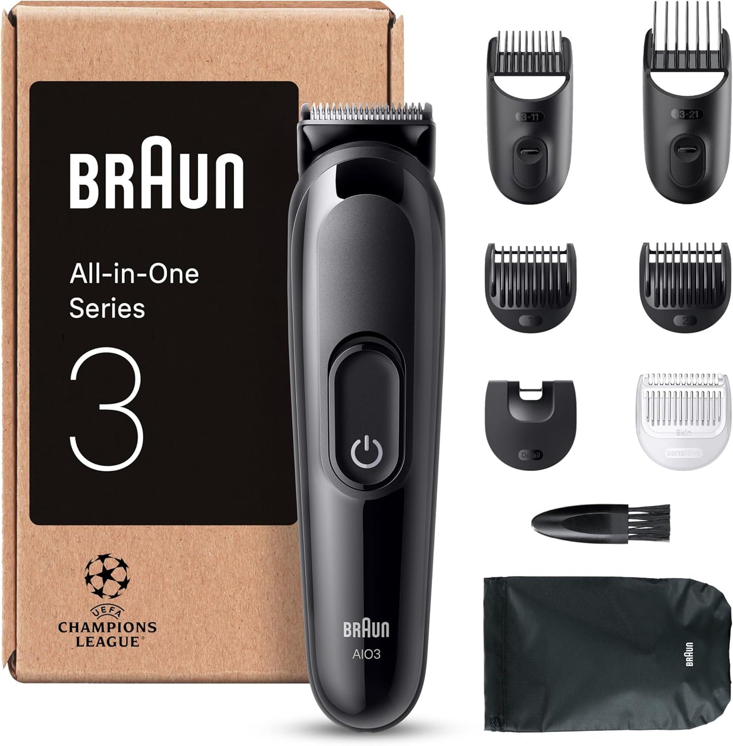 Braun All-In-One Series 3, 8-In-1 Multigroom, Barttrimmer, Nasenhaartrimmer, Haarschneider, Haarschneidemaschine Für Gesicht Und Kopf, 50 Min Akku, 14 Längen (3–21 Mm), Wasserdicht, AIO3545, Schwarz