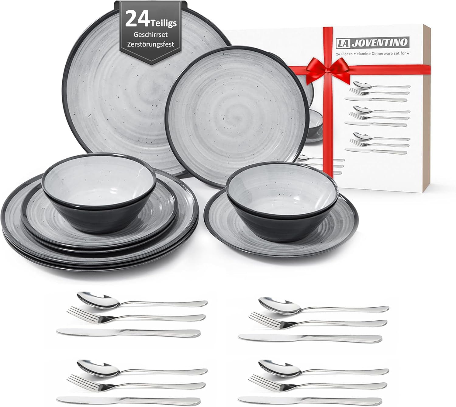 24PCS Melamin Geschirrset Für 4 Personen, Campinggeschirr Teller Set - Tafelservice Für Outdoor & Indoor