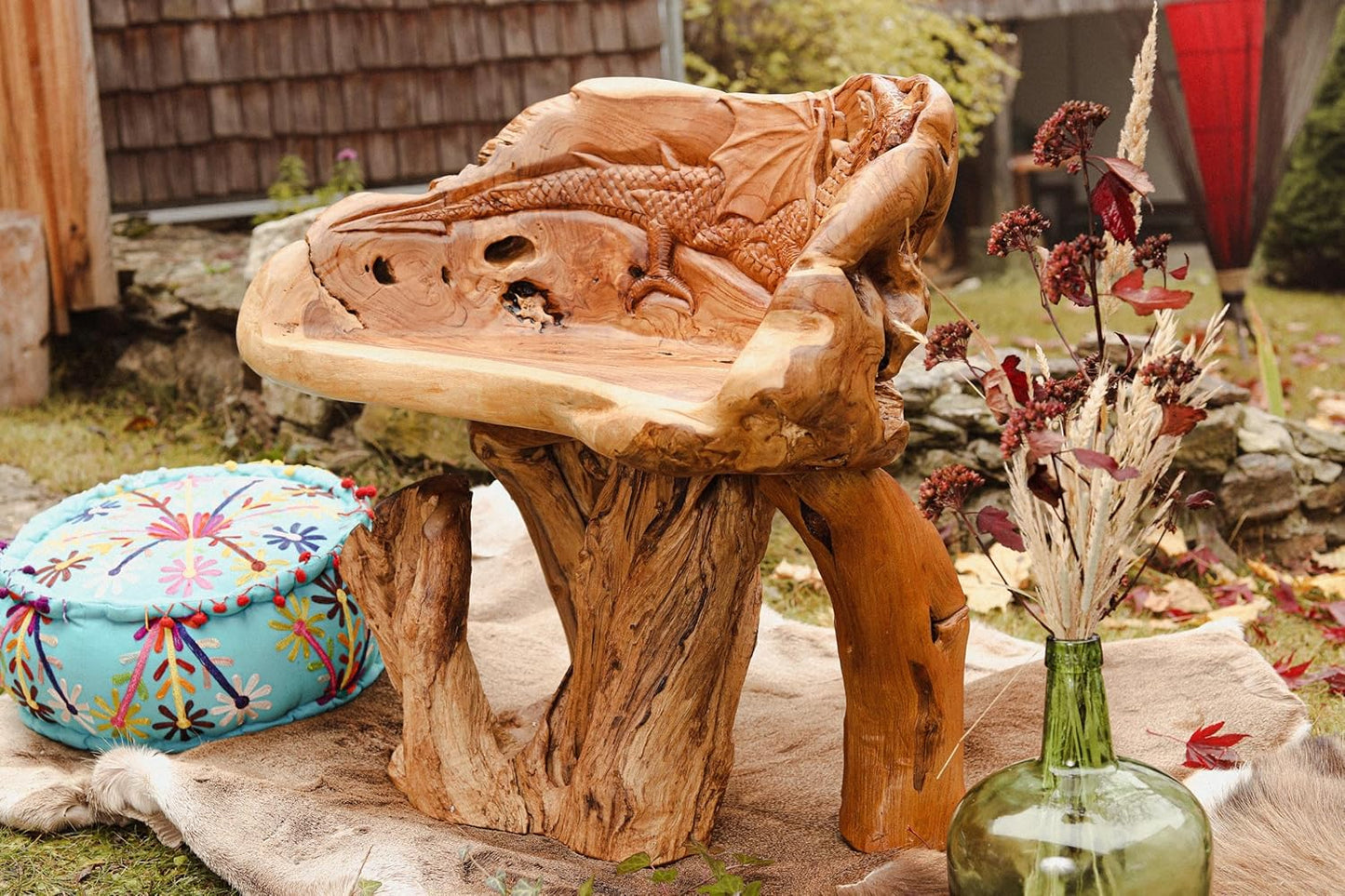 Windalf Massiver Gartenstuhl Mit Drachen NACHTSCHATTEN 80 Cm Holz-Hocker Handarbeit Wurzelholz