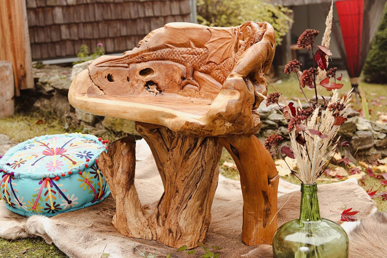 Windalf Massiver Gartenstuhl Mit Drachen NACHTSCHATTEN 80 Cm Holz-Hocker Handarbeit Wurzelholz