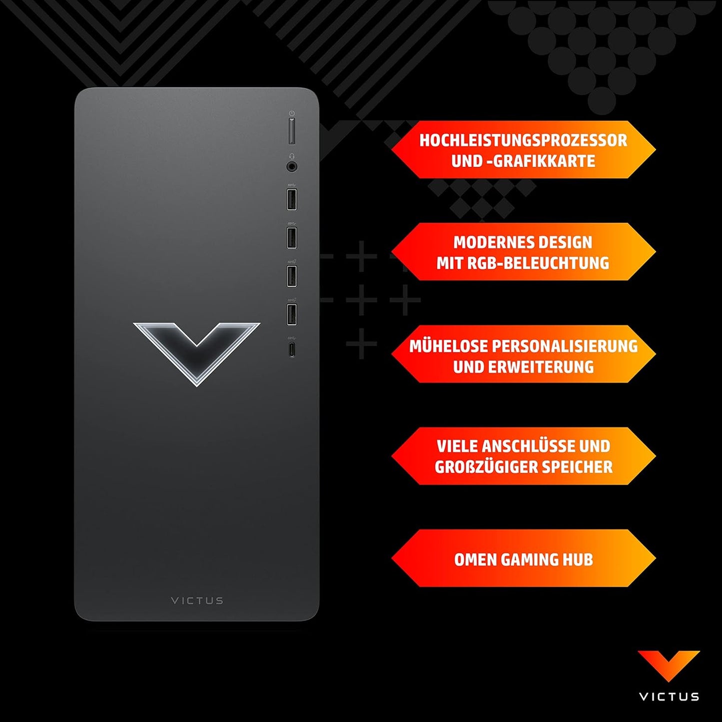 HP Victus Gaming PC, Intel® Core™ I5-14400F, 16 GB DDR4 RAM, 512 GB SSD, NVIDIA Geforce RTX 4060, Windows 11 Home, Schwarz