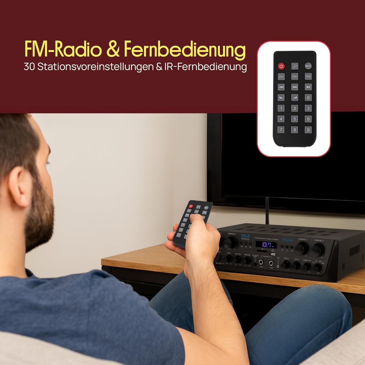Pyle Bluetooth Stereo Verstärker 500 W – 4-Kanal Mini Receiver Mit USB, AUX, Fm-Radio, Subwoofer RCA & Mikrofoneingang Mit Echo Kabelloses Streaming, Für Heimkino, Studio & Pa-Anlage