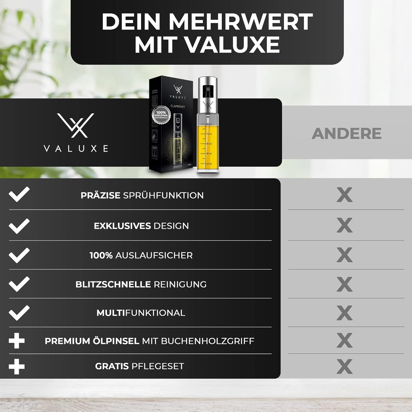 VALUXE® Ölsprüher - Das ORIGINAL - Extrem Präzise Öl-Sprühflasche Aus Edelstahl Und Glas - Multifunktionaler Premium Öl-Spray - Coole Küchen Gadgets Für Speiseöl - Oil Spray Zum Kochen