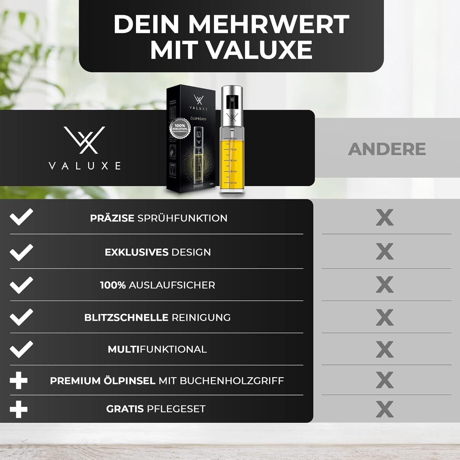 VALUXE® Ölsprüher - Das ORIGINAL - Extrem Präzise Öl-Sprühflasche Aus Edelstahl Und Glas - Multifunktionaler Premium Öl-Spray - Coole Küchen Gadgets Für Speiseöl - Oil Spray Zum Kochen