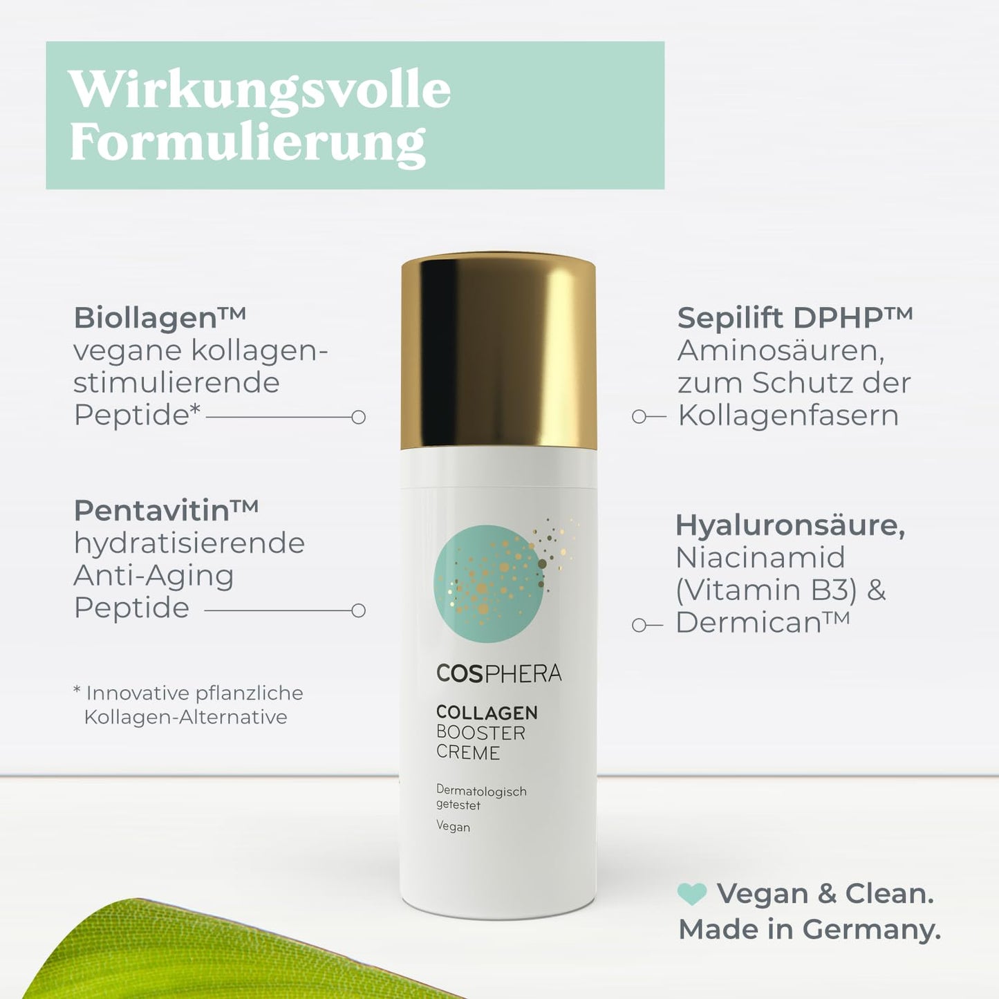 Cosphera Collagen Booster Creme 50 Ml Vegan - Mit Hyaluronsäure, Peptiden & Vitamin B3 - Gesichtscreme Gegen Falten - anti Faltencreme Gegen Tränensäcke, Augenringe Und Stirnfalten