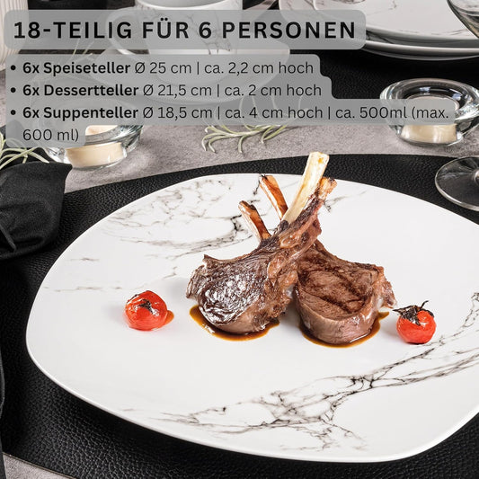 SÄNGER | Tafelservice Bilgola Marmor Weiß, 18-Teiliges Geschirrset Für 6 Personen Mit Suppen-, Dessert- & Speisetellern Aus Porzellan, Teller Set, Essgeschirr, Eckig | PREMIUM COLLECTION