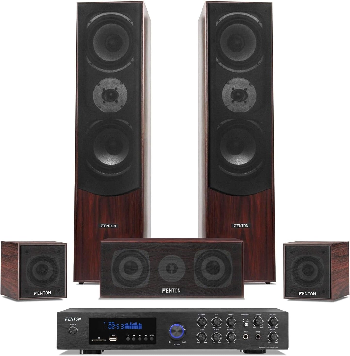 Fenton HF5B - Heimkino Musikanlage Für Audiosystem 1150 Watt - 5.0 Surround Sound System Mit Verstärker, 6-Teiliges Home Entertainment System, Soundsystem Für Fernseher - Nuss Braun