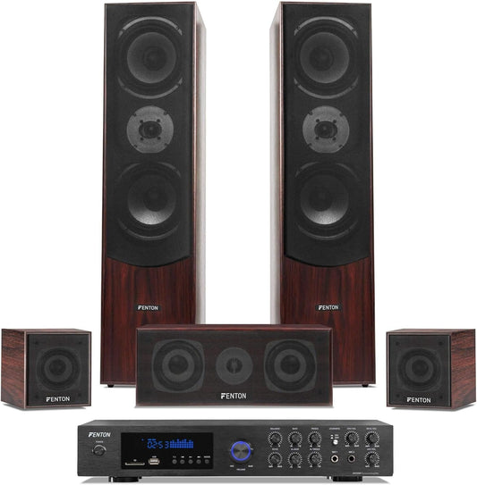 Fenton HF5B - Heimkino Musikanlage Für Audiosystem 1150 Watt - 5.0 Surround Sound System Mit Verstärker, 6-Teiliges Home Entertainment System, Soundsystem Für Fernseher - Nuss Braun
