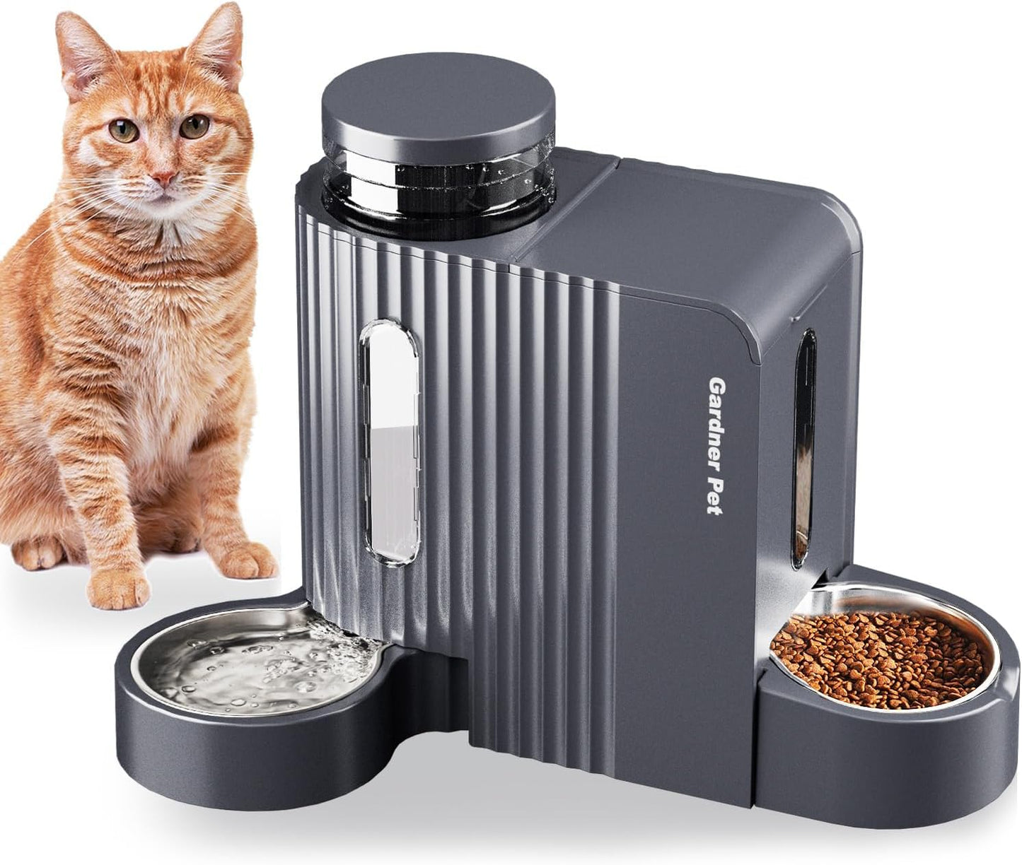 Gardner Pet Automatischer Futterspender Für Katzen/Hunde 2 Näpfe(3L*2), Futterautomat Katze Und Wasserspender Hund Mit Edelstahlschüssel, Ohne Strom, BPA Frei, Gravitation Katzenfutter Automat (Grau)