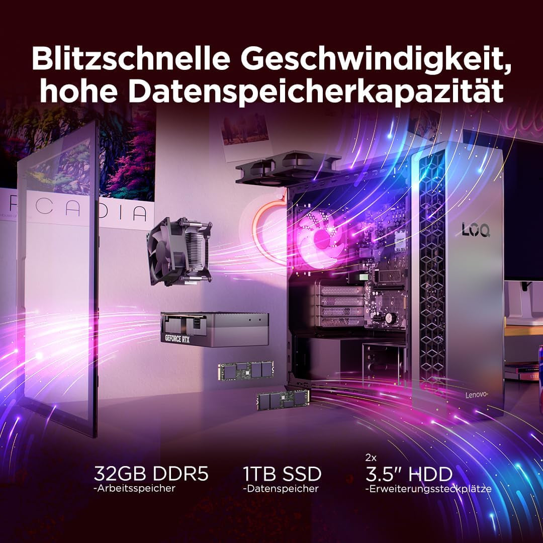Lenovo LOQ Tower Gaming Desktop-Pc | NVIDIA Geforce RTX 5060 8GB | AMD Ryzen 7-8745HX | 32RAM | 1TB | Win11 | 26L | Luna Grau-Eclipse Black | 3 Monate Gamepass