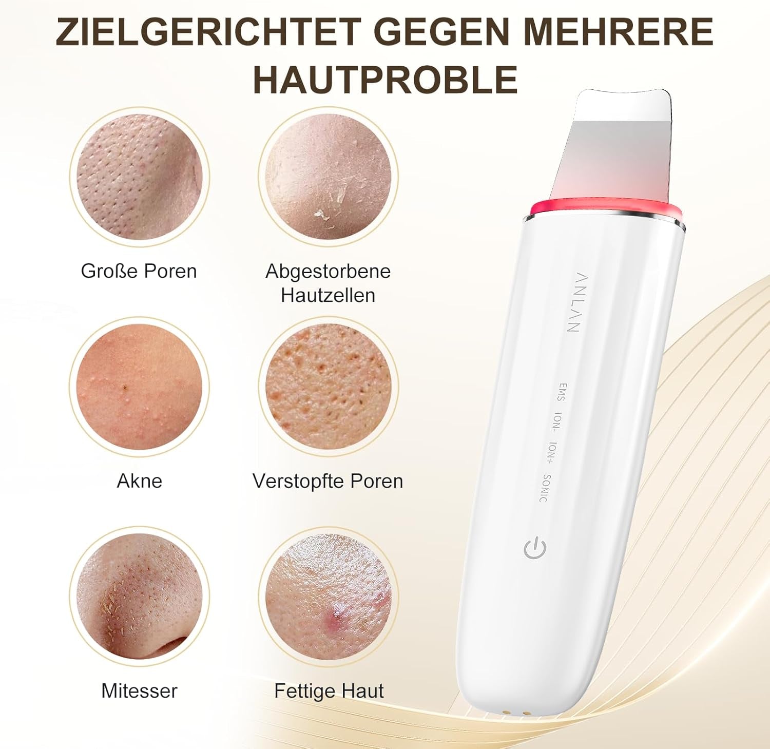 Ultraschallpeelinggerät Für Gesicht, ANLAN IPX7 Wasserdicht Ultraschall Skin Scrubber 6 in 1 Gesichtsreinigungsgerät Blau Rotlichtlampe Gesicht Porenreiniger Mit Type-C Ladebasis