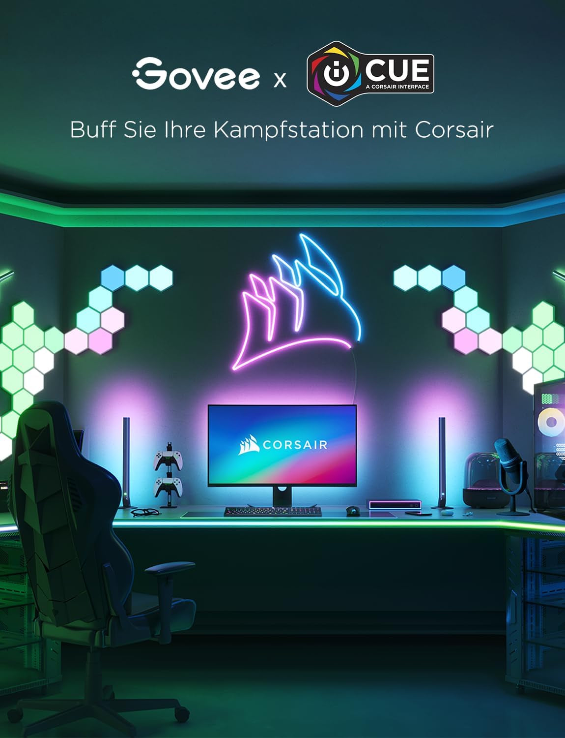 Govee LED Sechseck Hexagon Panel Gaming,10 RGBIC Smart Wandleuchte Funktioniert Mit Alexa, Google Assistant, Kreative Dekorative Wi-Fi, Musik Sync Für Gaming Beleuchtung & Zimmer Deko