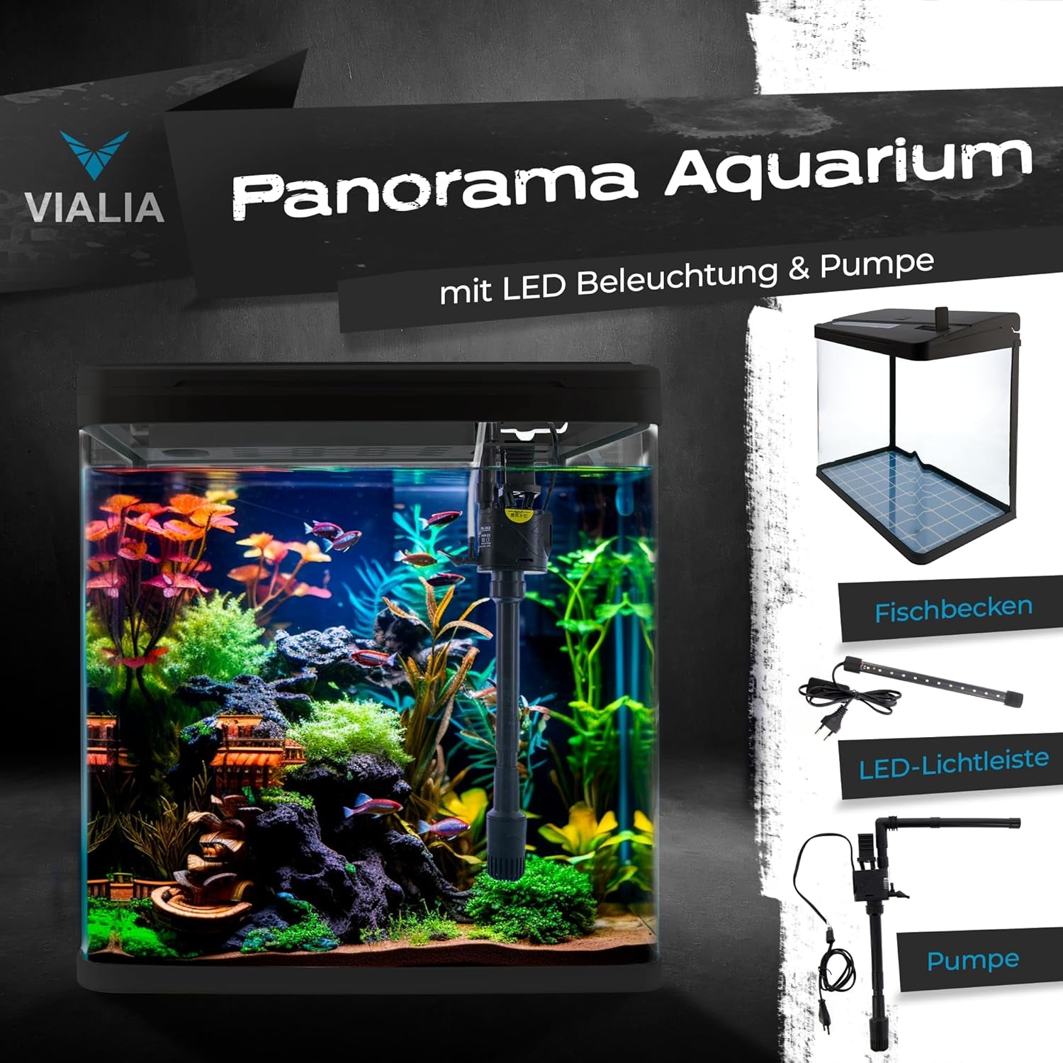 Aquarium Komplettset 30 Liter | Mit Led-Beleuchtung, Pumpe & Filter | 38X24X43 Cm Glasbecken | Gebogene Frontscheibe Für Panoramablick | Nano Aquarium Für Fische & Pflanzen | Schwarz