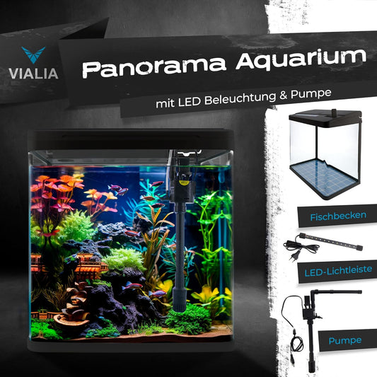 Aquarium Komplettset 30 Liter | Mit Led-Beleuchtung, Pumpe & Filter | 38X24X43 Cm Glasbecken | Gebogene Frontscheibe Für Panoramablick | Nano Aquarium Für Fische & Pflanzen | Schwarz