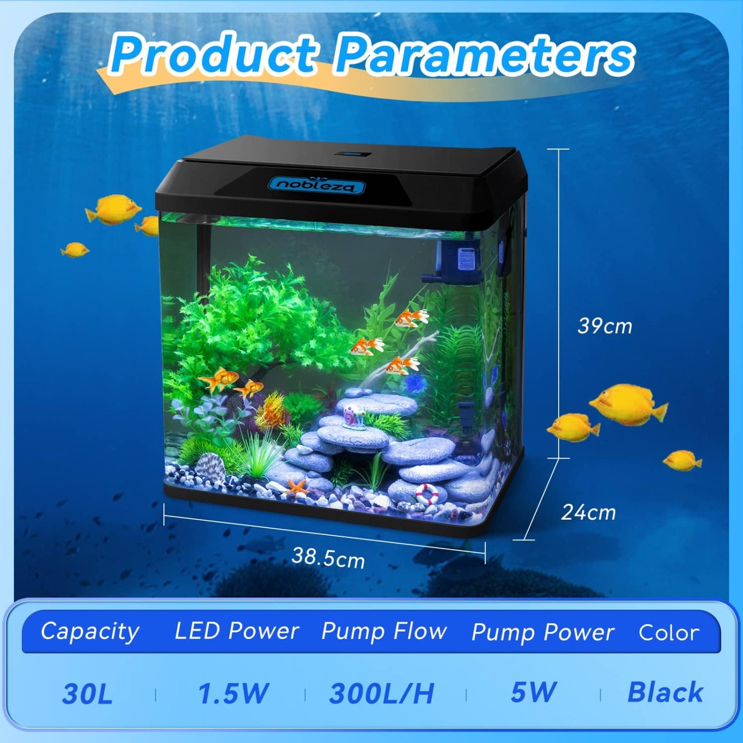 Nobleza - 30L Mini Aquarium Komplettset, Nano Aquarium Stabiles Einsteigerbecken Mit Led-Beleuchtung Und Eingebautem Filtersystem, Schwarz